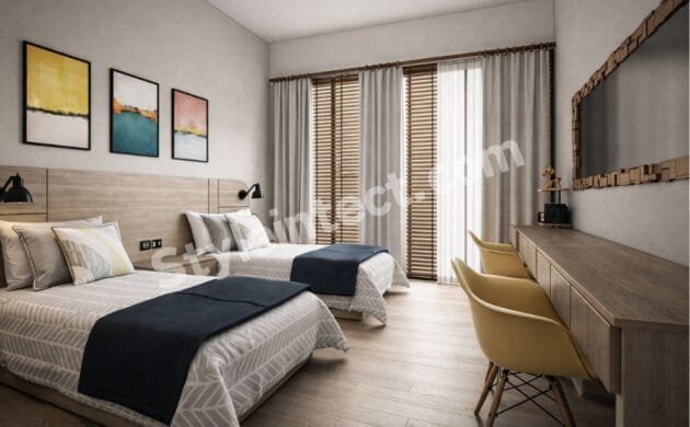 Modern Twin Bedroom Interior Design with Smart Storage and Contemporary Wooden Finishes Create a Spacious and Functional Twin Bedroom Interior with a Minimalist Modern Theme This bedroom perfectly reflects a modern bedroom interior design that balances comfort, elegance, and functionality. Designed with two single beds, the room is ideal for siblings, guest rooms, hotels, or vacation homes. Soft neutral shades, warm wooden finishes, and clean lines create a relaxing atmosphere while maximizing usable space. Every design element contributes to a clutter-free, welcoming environment that feels both stylish and practical. Elegant Color Palette, Wooden Headboard, and Stylish Wall Décor for a Premium Look The room features a calming blend of white, beige, light oak, charcoal blue, and soft grey, creating a timeless interior. A continuous wooden headboard visually connects both beds, adding warmth and sophistication. Above it, modern abstract wall art introduces subtle color without overwhelming the space. This combination is widely used in luxury bedroom interior design because it keeps the room bright, elegant, and visually balanced. Smart Storage, Wardrobe Planning, and Practical Space Optimization Although the wardrobe is not visible in this image, the layout leaves ample wall space for a floor-to-ceiling modular wardrobe with sliding or hinged shutters, making it an ideal storage solution. The long floating console on the opposite wall provides additional concealed storage while functioning as a study or dressing area. This thoughtful planning demonstrates how space-saving bedroom furniture can improve organization without making the room feel crowded. Layered Lighting and Large Windows Enhance Comfort Throughout the Day Natural daylight flows through the large glass doors fitted with wooden blinds and sheer curtains, creating a bright yet private setting. Black wall-mounted reading lights beside each bed offer focused illumination, making nighttime reading convenient. The combination of natural lighting, task lighting, and ambient lighting enhances the overall comfort and creates a warm, inviting bedroom environment. Modern Furniture Layout Improves Daily Living and Multi-Purpose Use The twin-bed arrangement ensures smooth movement while maintaining privacy for each occupant. A long wooden console with comfortable chairs serves as a work desk, study station, or vanity, making the room highly versatile. The wooden flooring visually expands the room and complements the contemporary furniture, making this a perfect example of functional bedroom interior design for modern homes. Countries Where This Bedroom Interior Design Style Is Most Popular This contemporary bedroom style is widely preferred in India, Australia, the United States, Canada, Singapore, and the United Arab Emirates. Homeowners appreciate its efficient use of space, low-maintenance finishes, modern aesthetics, and flexibility for apartments, villas, boutique hotels, and guest accommodations. Why Choose StyleIntect? At StyleIntect.com, we create customized bedroom interiors that combine beauty with everyday functionality. Our experienced designers focus on smart layouts, premium materials, and personalized solutions tailored to your lifestyle. From concept planning to final execution, we deliver interiors that are elegant, durable, and designed to maximize every inch of your space. Our Services StyleIntect provides complete design solutions, including Architecture Design, Modular Kitchen Design, Interior Design, Revit 3D Design, Bathroom Design, Wardrobe Design, Commercial Design, and 2D Layout. Whether you are renovating a single bedroom or designing an entire property, our expert team transforms your ideas into modern, practical, and visually stunning living spaces.
