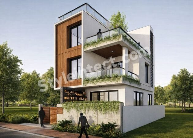 Modern House Exterior Design with Rooftop Terrace – Contemporary 3 Floor House Elevation for Urban Living