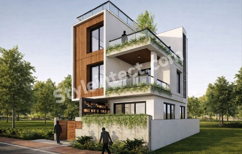 Modern House Exterior Design with Rooftop Terrace – Contemporary 3 Floor House Elevation for Urban Living