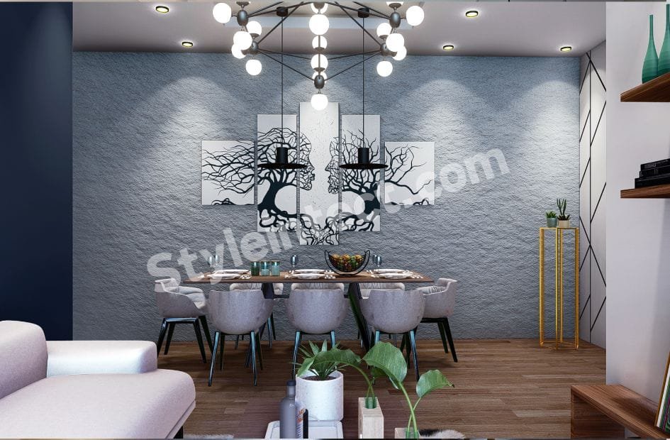 Modern Dining Room Interior Design with Textured Feature Wall, Statement Chandelier, and Contemporary Home Interiors