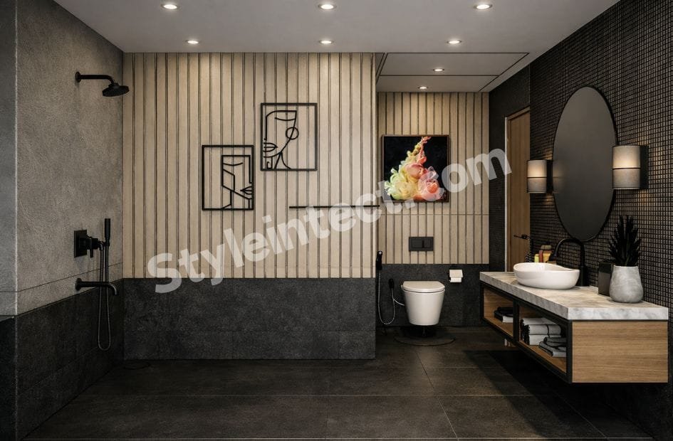 Modern Luxury Bathroom Interior Design with Wood Slat Walls and Matte Black Fixtures