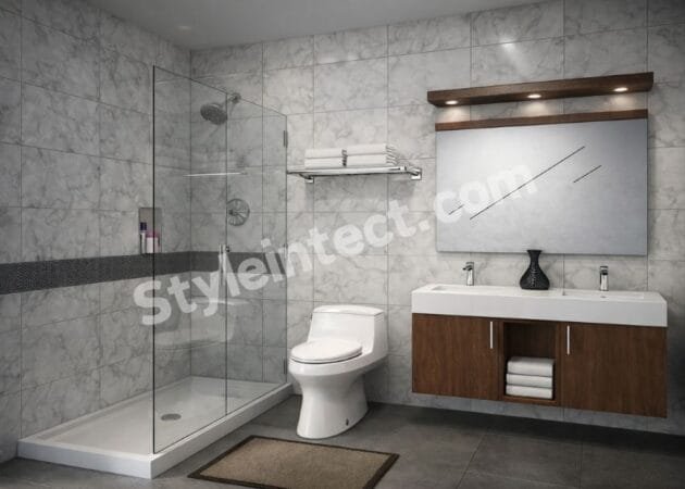 Modern Marble Bathroom Interior Design with Floating Vanity and Glass Shower Enclosure
