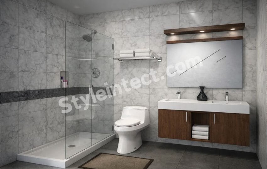 Modern Marble Bathroom Interior Design with Floating Vanity and Glass Shower Enclosure