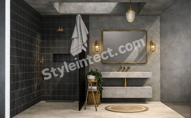 Modern Industrial Bathroom Interior Design with Dark Tiles and Floating Vanity