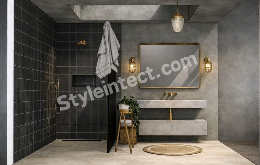 Modern Industrial Bathroom Interior Design with Dark Tiles and Floating Vanity