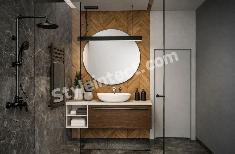 Modern Wooden Bathroom Interior Design with Glass Shower Enclosure and Luxury Stone Tile Finish