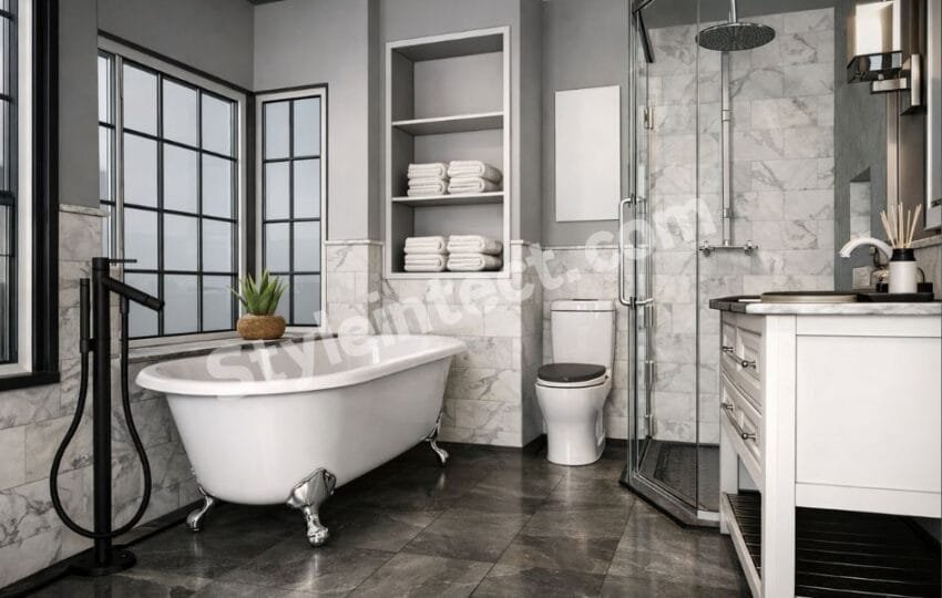 Modern Grey and White Luxury Bathroom Interior Design with Freestanding Bathtub and Glass Shower