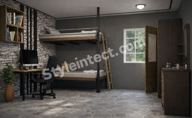 Modern Industrial Bedroom Interior Design with Smart Bunk Bed Storage and Workspace