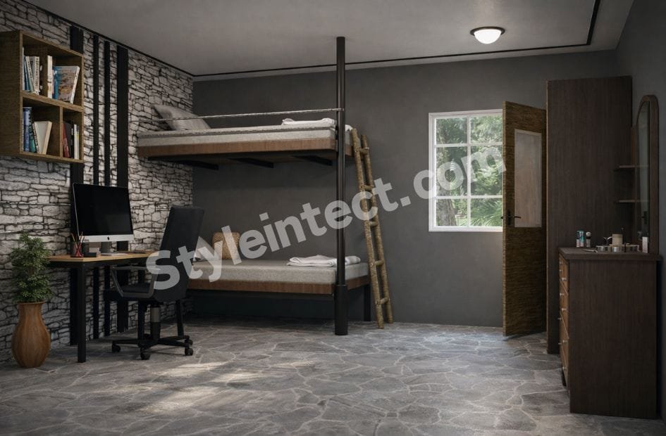 Modern Industrial Bedroom Interior Design with Smart Bunk Bed Storage and Workspace