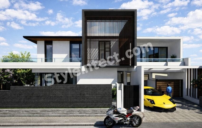 Affordable Architect Exterior Design – SkyFrame Modern Villa | Contemporary Two-Storey House Front Elevation Design
