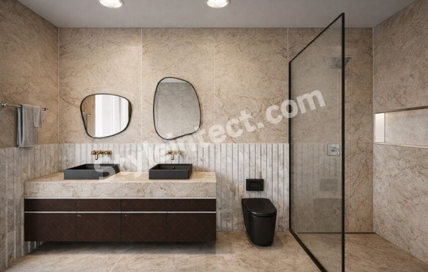 Modern Luxury Bathroom Interior Design with Double Vanity, Glass Shower & Premium Marble Finish