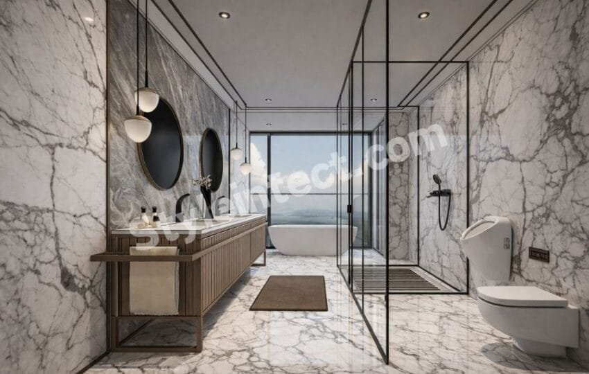 Luxury Marble Bathroom Interior Design with Frameless Glass Shower and Floating Wooden Vanity