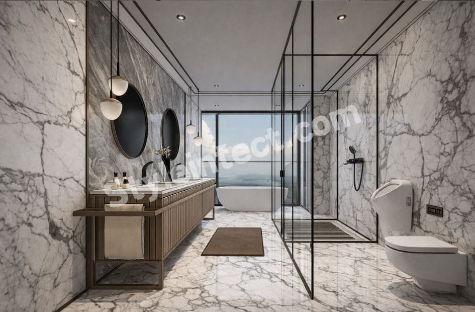 Luxury Marble Bathroom Interior Design with Frameless Glass Shower and Floating Wooden Vanity