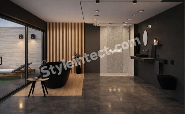 Modern Luxury Bathroom Interior Design with Freestanding Bathtub, Walk-In Shower, and Minimalist Contemporary Style