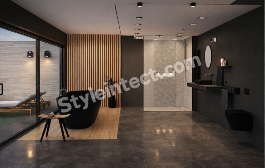 Modern Luxury Bathroom Interior Design with Freestanding Bathtub, Walk-In Shower, and Minimalist Contemporary Style