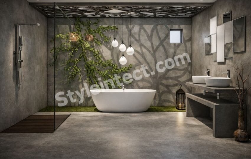 Luxury Modern Bathroom Interior Design with Glass Shower, Freestanding Bathtub & Nature-Inspired Elegant Decor