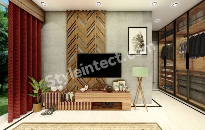 Modern Bedroom Interior Design with a Wooden TV Panel and Glass Wardrobe for a Stylish Luxury Home