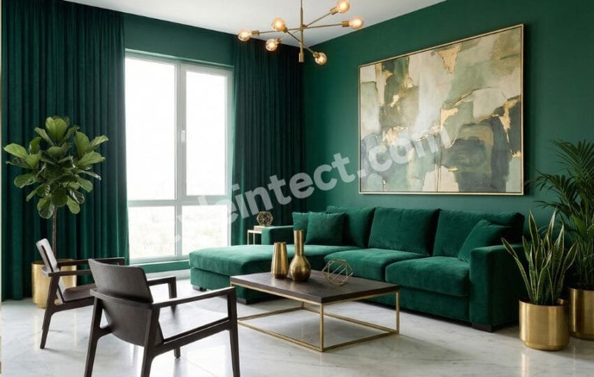 Modern Living Room Interior Design with Emerald Green Interiors and Luxury Home Interior Styling