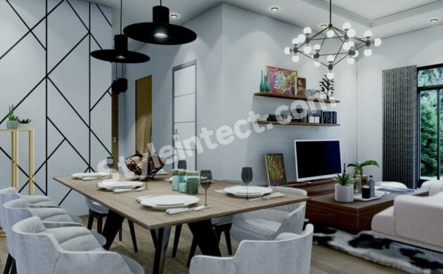 Modern Open-Plan Living Room and Dining Room Interior Design with Contemporary Lighting and Smart Space Planning