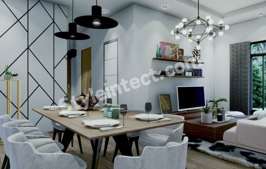 Modern Open-Plan Living Room and Dining Room Interior Design with Contemporary Lighting and Smart Space Planning