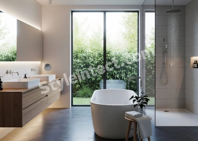 Modern Nature-Inspired Bathroom Interior Design with Floating Wood Vanity and Luxury Walk-In Shower