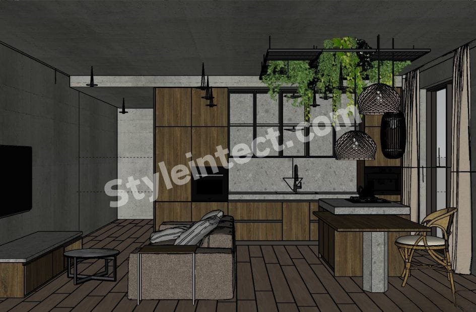 Modern Industrial Modular Kitchen Design with wooden cabinets, kitchen island, glass wall cabinets, grey concrete finish, pendant lights, and open-plan living space by StyleIntect.