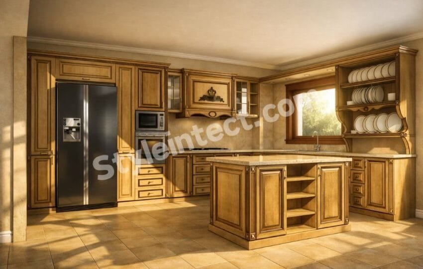 Luxury Classical Modular Kitchen Design with U-Shaped Wooden Kitchen, Solid Wood Cabinets, Granite Countertop, Central Island and Elegant Classical Interior