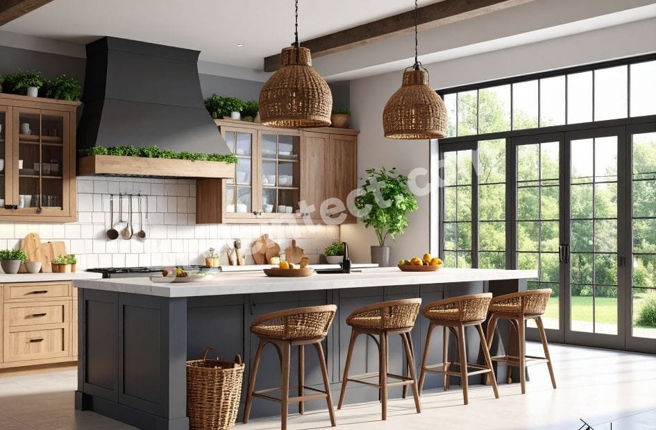 Modern Rustic Kitchen Design with natural wood cabinets, large island kitchen, charcoal grey cabinetry, woven pendant lights, and luxury modular kitchen interior.