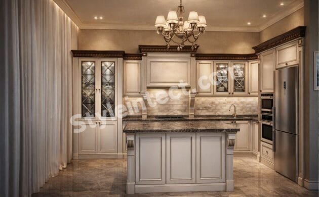 Luxury Classical Modular Kitchen Design with U-Shaped White Raised Panel Cabinets, Granite Countertop, Kitchen Island, Glass Display Cabinets and Elegant Chandelier by StyleIntect