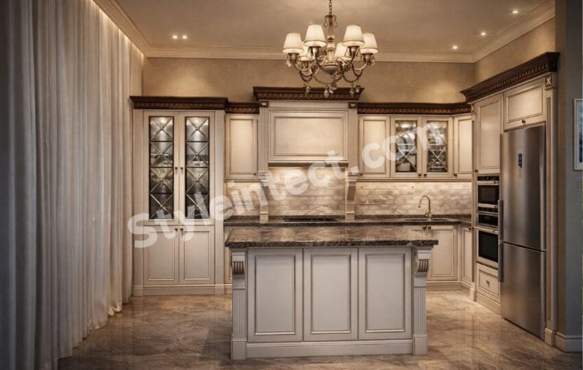 Luxury Classical Modular Kitchen Design with U-Shaped White Raised Panel Cabinets, Granite Countertop, Kitchen Island, Glass Display Cabinets and Elegant Chandelier by StyleIntect