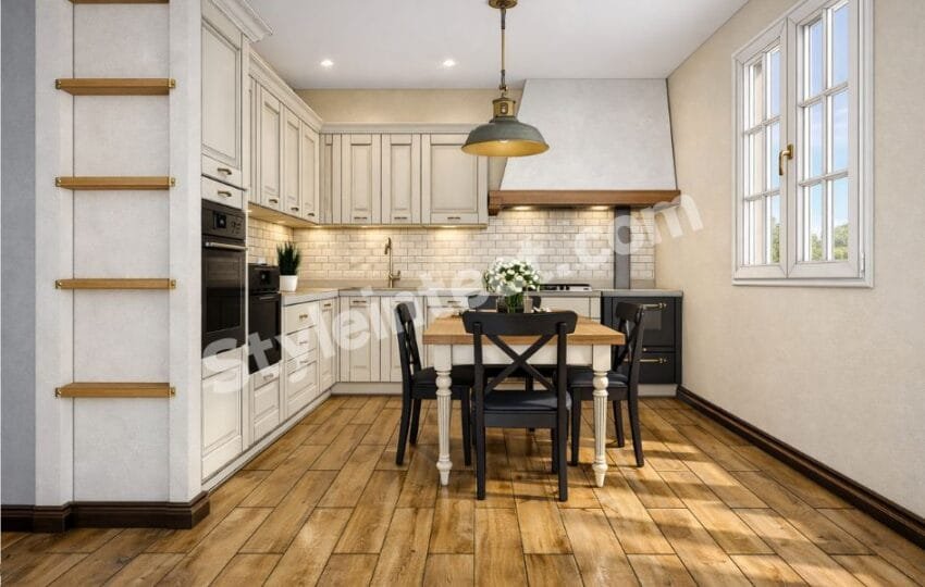 Modern Shaker Kitchen Design with U-Shaped White Modular Kitchen, Shaker Cabinets, Subway Tile Backsplash, Wooden Flooring and Built-In Appliances by StyleIntect