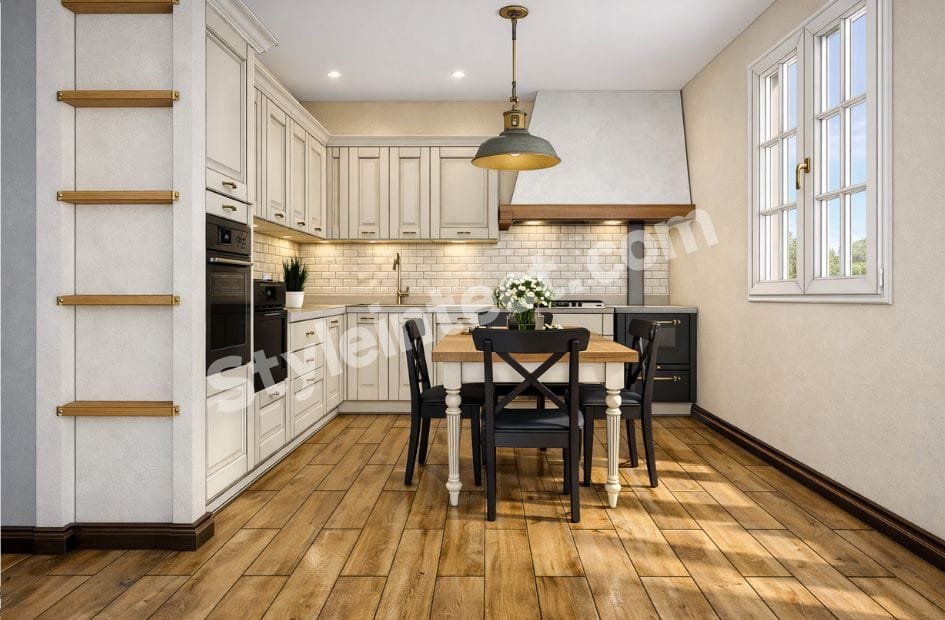 Modern Shaker Kitchen Design with U-Shaped White Modular Kitchen, Shaker Cabinets, Subway Tile Backsplash, Wooden Flooring and Built-In Appliances by StyleIntect