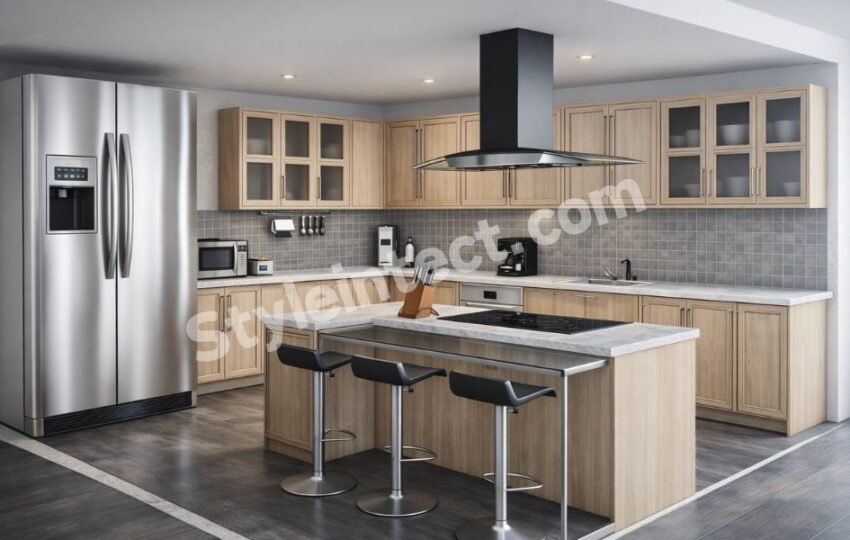 Modern Modular Kitchen Design with U-shaped layout, light wood cabinets, glass-front storage, kitchen island, stone countertop, grey backsplash, stainless steel appliances, and contemporary interior by StyleIntect