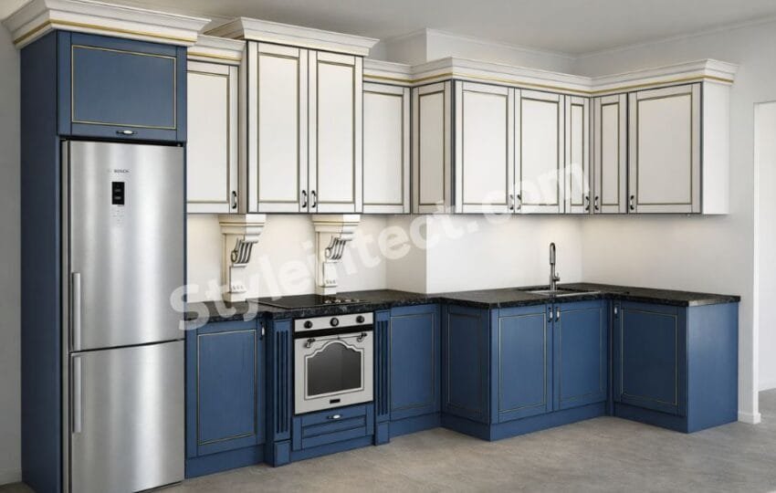 Modern Classical Modular Kitchen Design with L-Shaped Blue and White Cabinets, Granite Countertop, and Built-in Appliances by StyleIntect