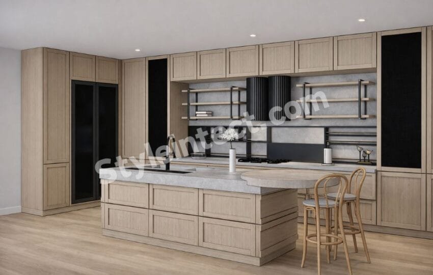 Modern Shaker Modular Kitchen Design with island kitchen layout, natural oak Shaker cabinets, grey stone countertop, black open shelving, and luxury modular kitchen interior by StyleIntect.