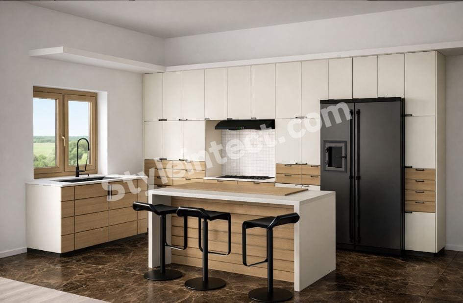 Modern Modular Kitchen Design with straight layout, white and wood cabinets, spacious kitchen island, tall storage cabinets, window sink, and contemporary interior