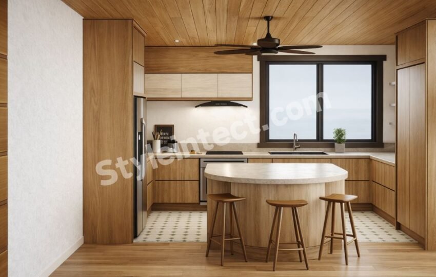 Modern modular kitchen design with U-shaped wooden cabinets, central island, stone countertop, large window, and contemporary residential kitchen interior.