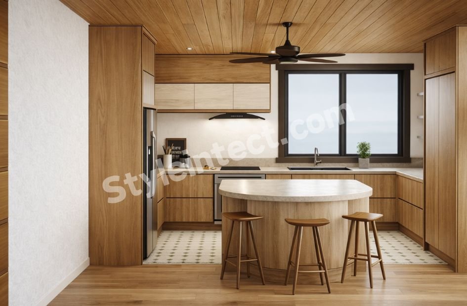 Modern modular kitchen design with U-shaped wooden cabinets, central island, stone countertop, large window, and contemporary residential kitchen interior.