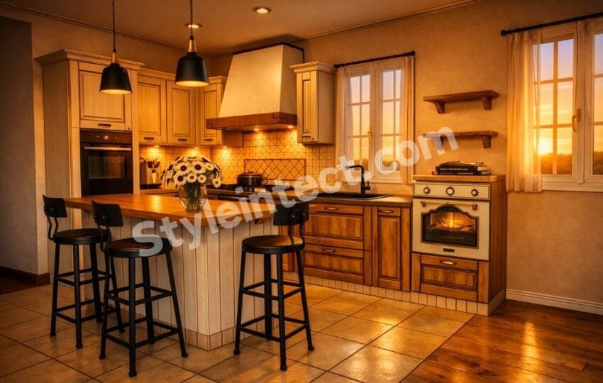 Modern Farmhouse Kitchen Design with white shaker cabinets, natural wood kitchen island, modular storage, open shelving, pendant lights, and neutral interior
