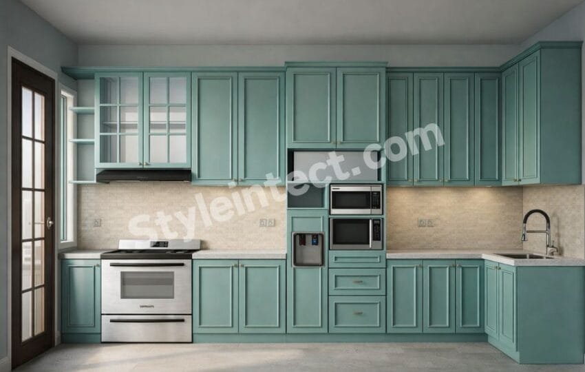 Modern Shaker Modular Kitchen Design with L-Shaped Mint Green Cabinets, Glass Display Cabinets, Built-In Appliances, and Elegant Modular Kitchen Interior by StyleIntect