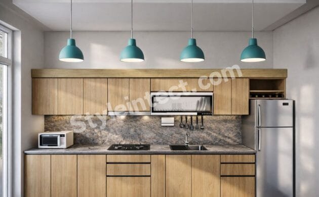 Modern Scandinavian Modular Kitchen Design with straight wooden cabinets, grey stone backsplash, pendant lights, built-in chimney, and modular storage for contemporary homes.