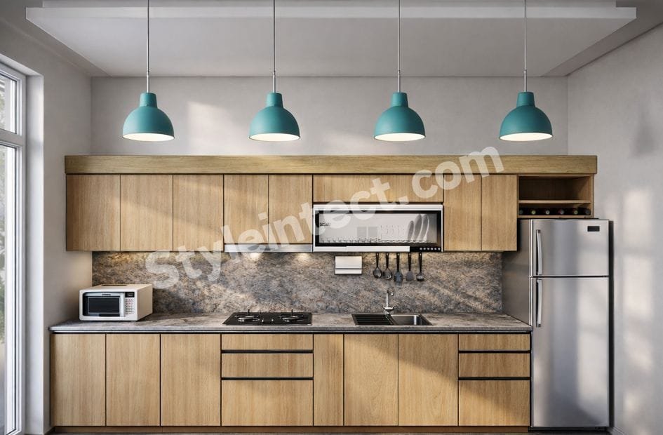 Modern Scandinavian Modular Kitchen Design with straight wooden cabinets, grey stone backsplash, pendant lights, built-in chimney, and modular storage for contemporary homes.