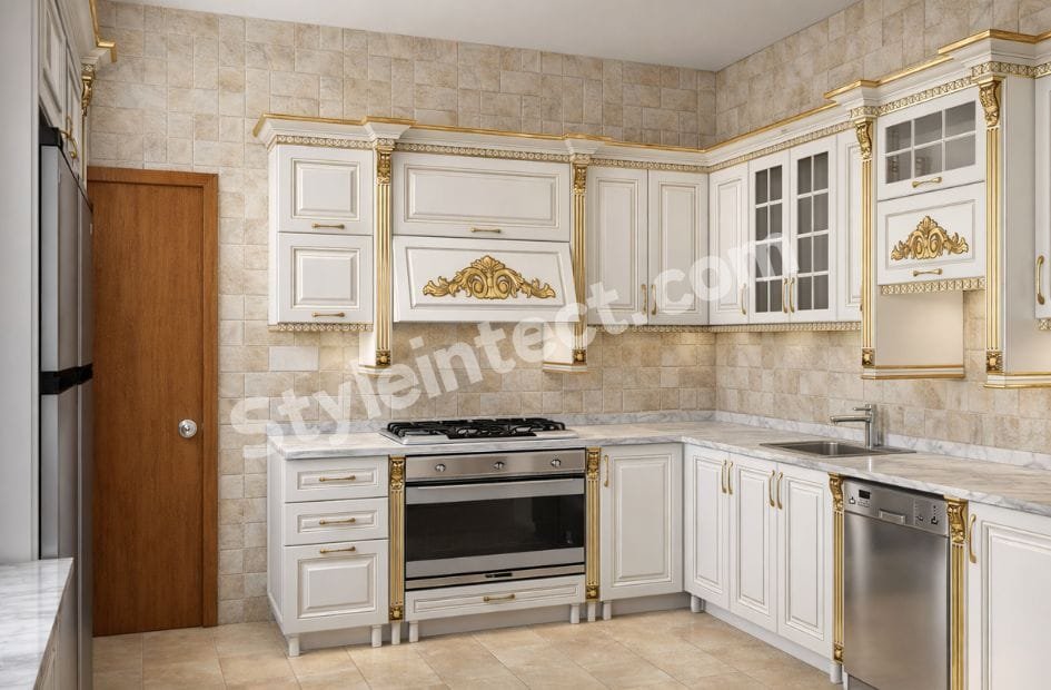 Luxury Classical Modular Kitchen Design with L Shaped White Raised Panel Cabinets, Gold Decorative Mouldings, and Marble Style Countertop