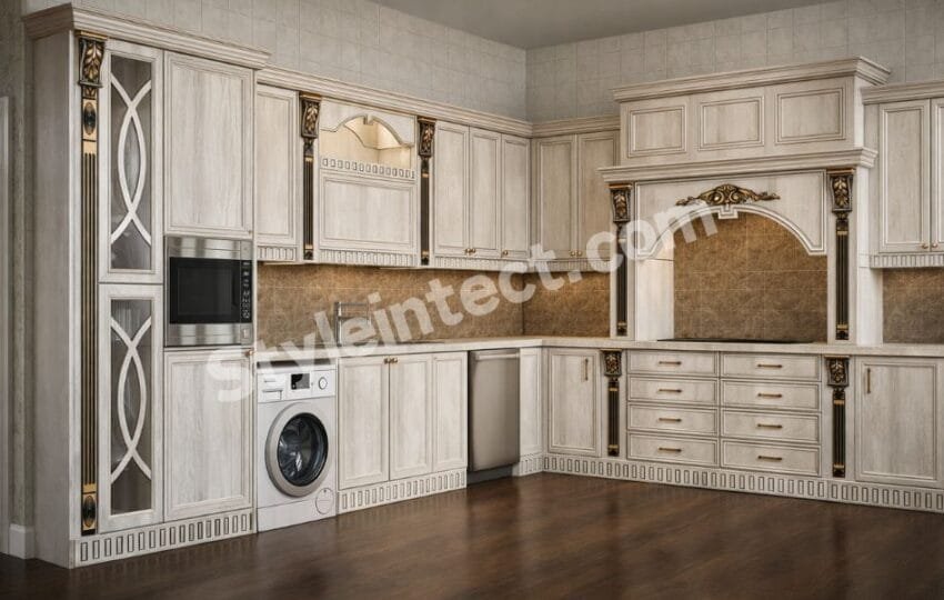 Luxury Classical Modular Kitchen Design – U-Shaped Ivory Kitchen