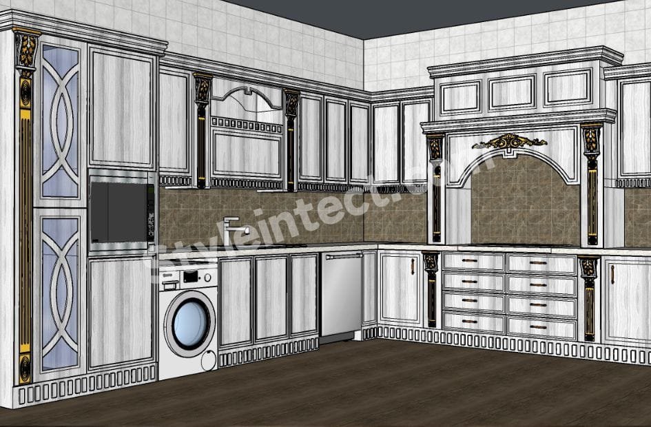 Luxury Classical Modular Kitchen Design – U-Shaped Ivory Kitchen