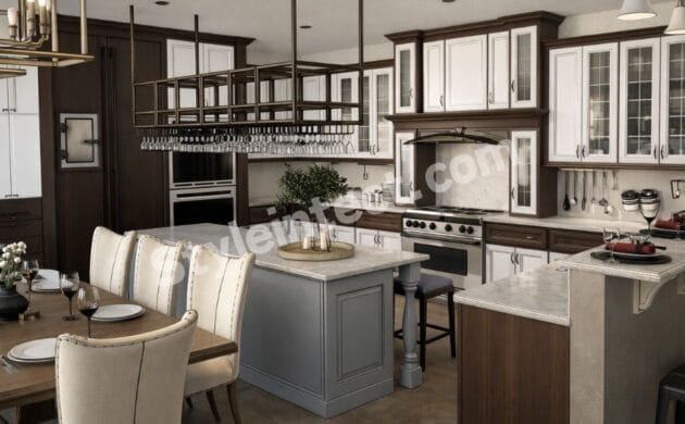 Luxury Classical Modular Kitchen Design with U-shaped layout, white raised-panel cabinets, walnut wood finish, central island, glass cabinets, premium countertops, and elegant dining connection