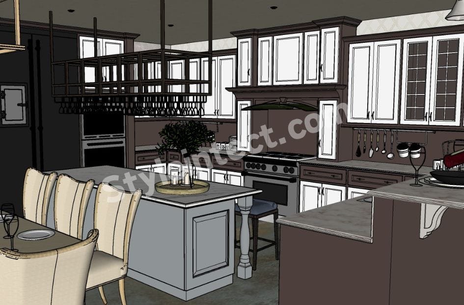 Luxury Classical Modular Kitchen Design with U-shaped layout, white raised-panel cabinets, walnut wood finish, central island, glass cabinets, premium countertops, and elegant dining connection
