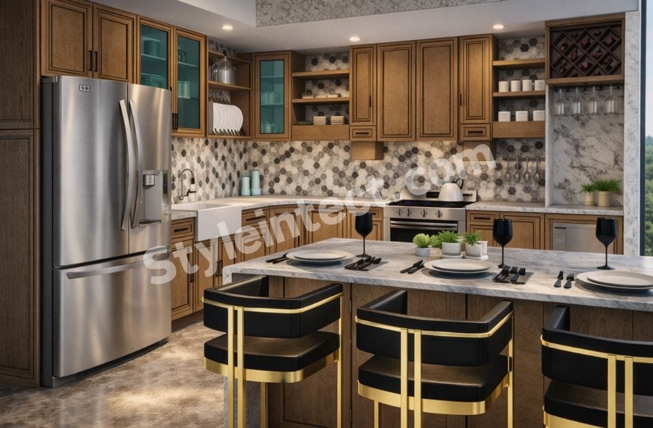 Luxury modular L-shaped wooden kitchen design with marble island, raised panel cabinets, glass display units, geometric backsplash, and premium modular kitchen interior by StyleIntect