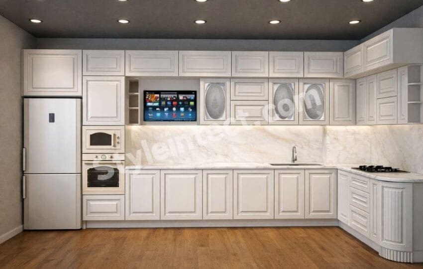 Classical Kitchen Design for Luxury Villa – L-Shaped White Classical Modular Kitchen