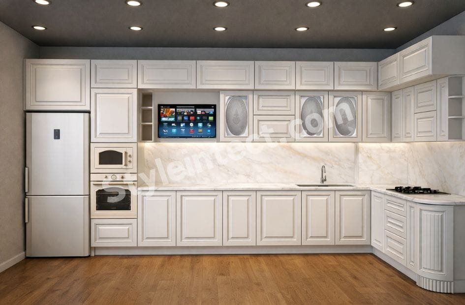 Classical Kitchen Design for Luxury Villa – L-Shaped White Classical Modular Kitchen